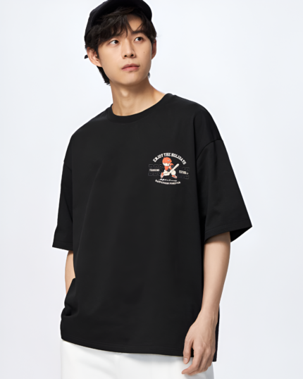 New Men's Loose Fit Cartoon Print T-Shirt with Round Neck