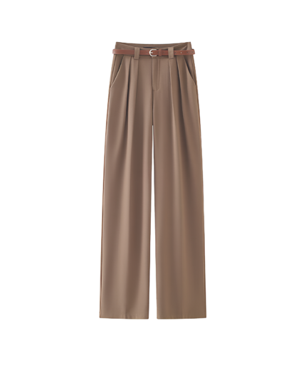 Women's Taupe High-Waisted Wide-Leg Pants with Belt