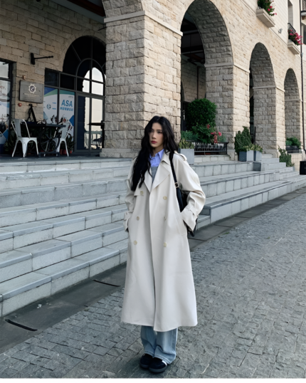 Girls' Double-Breasted Trench Coat – Solid Color, Lapel Collar, Windproof, Warm, with Pockets