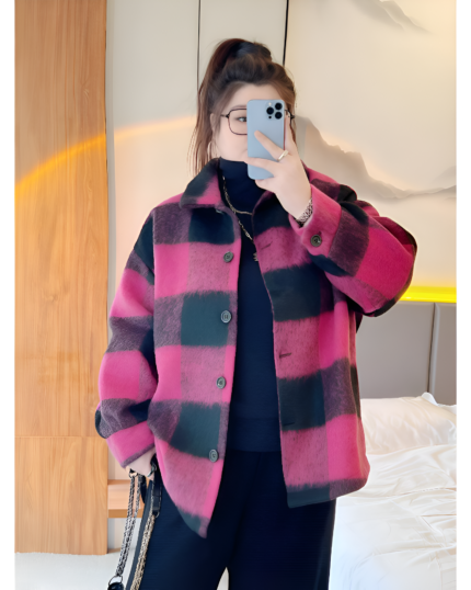 Vintage Pink Plaid Wool Coat for Women with Big Pockets